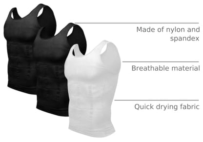 Odoland Men Compression Shirt 3 Pack Body Shaper Vest Tank Top - color: Black/Black/White, size: X-Large