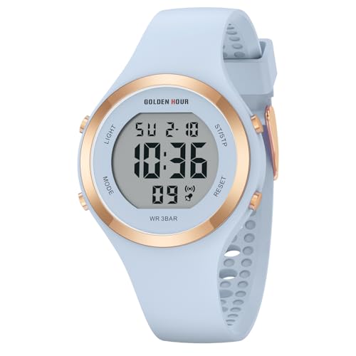 GOLDEN HOUR Waterproof Sport Women's Digital Chronograph Silicone Strap Watch - color: Rose Gold/Light Blue