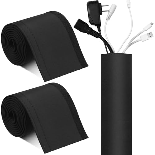 Poen 2 Rolls 60 Inch Cable Management Sleeve Trolling Motor Cable Sleeve Neoprene Cord Organizer Reversible Flexible Wrap Cover DIY Adjustable Hole Wire Protect for Office Computer Home, Black