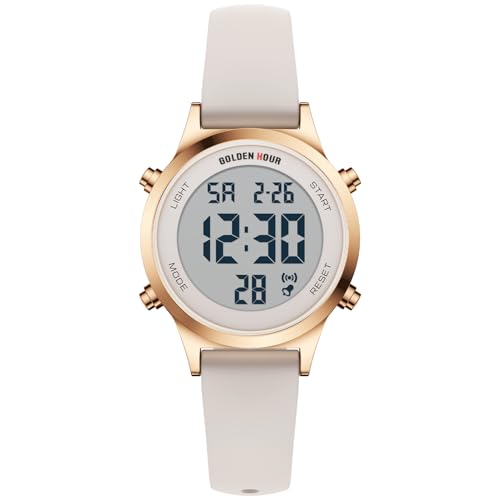 GOLDEN HOUR Waterproof Women's Digital Sports Watches with Silicone Strap, Alarm Calendar Stopwatch Chronograph 32mm Rose Gold Case - color: Starlight/Rose Gold