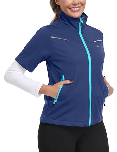 Little Donkey Andy Women's Short Sleeve Golf Jacket Lightweight Water Resistant Quick Dry Running Vest with Zipper Pockets - color: Blue, size: XX-Large