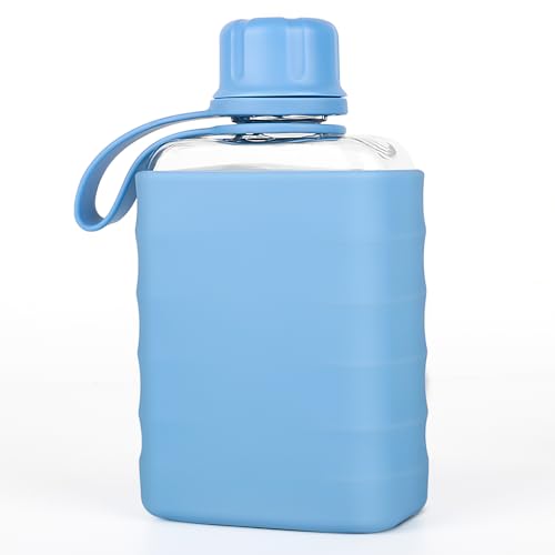 Modern Small Flask with Silicone Sleeve Mini Portable Travel Liquor Flask Clear Tritan Plastic Water Bottles, 8.2oz BPA Free Pocket Drinking Alcohol Flask for Outdoor (Blue) - color: Blue