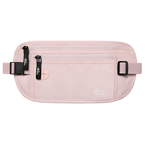 MoKo Travel Money Belt with RFID Blocking, Hidden Slim Wallet, Pink - color: Pink, size: Waist for 24"-38"