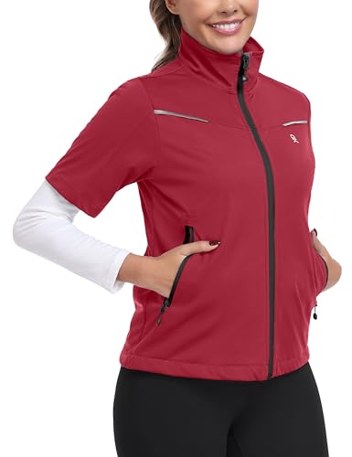 Little Donkey Andy Women's Short Sleeve Golf Jacket Lightweight Water Resistant Quick Dry Running Vest with Zipper Pockets - color: Red, size: X-Small