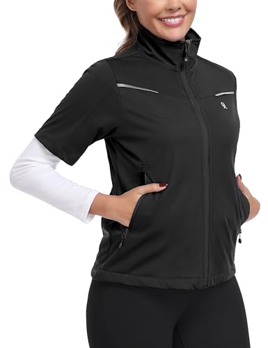 Little Donkey Andy Women's Short Sleeve Golf Jacket Lightweight Water Resistant Quick Dry Running Vest with Zipper Pockets - color: Black, size: X-Large