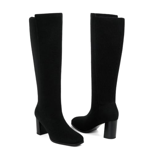 Modatope Stretchy Knee High Boots for Women Square Toe Chunky Long Boots - color: Black Knit, size: 7
