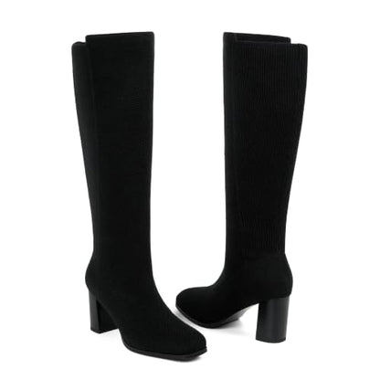 Modatope Stretchy Knee High Boots for Women Square Toe Chunky Long Boots - color: Black Knit, size: 6