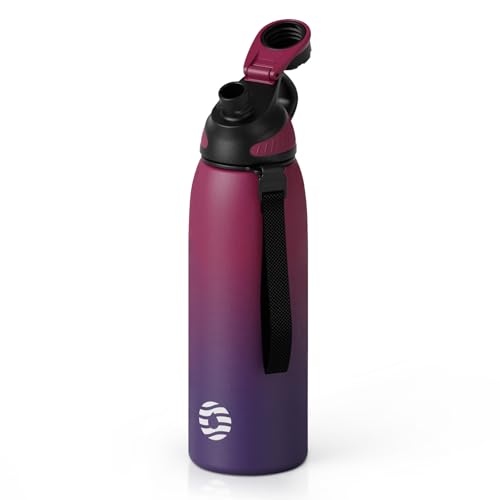 FJbottle 32oz Stainless Steel Insulated Water Bottle No Straw Spout Lid - color: Black-Purple, size: 32 Ounces