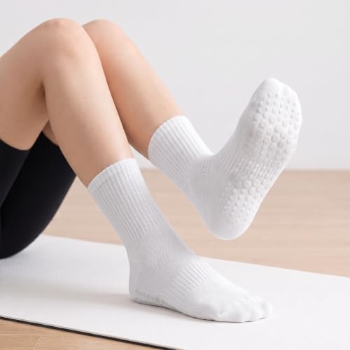 Women Pilates Grip Crew Socks-Cotton Non Slip Yoga Calf Socks for Women - color: 3white2black