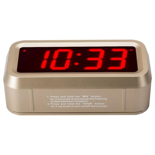 Alarm Clock for Bedrooms, LED Digital Clock Battery Operated Small Wall Clock with 3 Level Brightness Adjustable,Snooze,12/24Hr,1.2" Digital Display for Desk, Bebside,Table, Travel - color: Golden