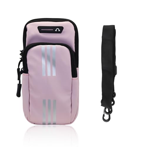 Running Phone Holder, Waterproof Double-Sided Zipper Running Arm Band with Headphone Jack and Reflective Strip, Cell Phone Purse with Detachable and Adjustable Shoulder Strap (Pink) - color: Pink