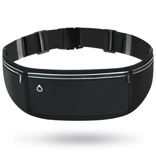 Slim Running Belt Fanny Pack for Men and Women – No-Bounce Waist Pack for Phone, Fits iPhone 17 Pro Max, Sweatproof 3-Pocket Pouch for Runners, Gym, Hiking (Black) - color: Black