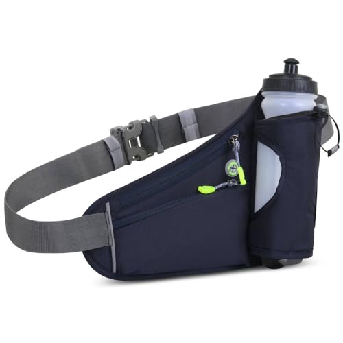 Water Bottle Waist Pack 2 Zippered Pockets – Reflective Running Belt for Hiking Cycling, Adjustable Breathable Mesh with Earphone Port(Dark Blue) - color: Dark Blue