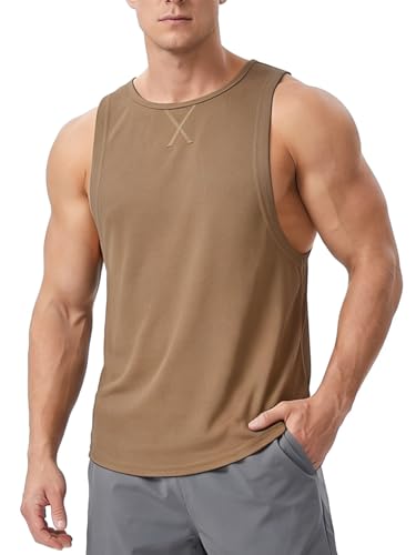 Men's Sleeveless Workout Tank Top Quick Dry Gym Muscle Bodybuilding Vest Breathable Lightweight Summer Athletic Tops - color: Khaki, size: Large