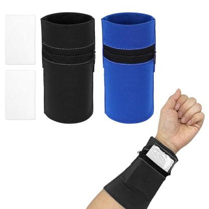 Wrist Pouch, Wrist Wallet Wristband with PVC Card Pouch Zipper Wristband Sports Sweatbands for Men and Women - color: Black/Dark Blue
