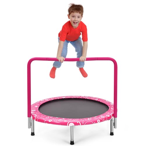 GYMAX Indoor Trampoline, 36” ASTM Approved Kids Trampoline with Removable Handrails & Safety Pad, Spring-Free Folding Mini Rebounder, Small Fitness Trampoline for Toddler/Adults - color: Pink