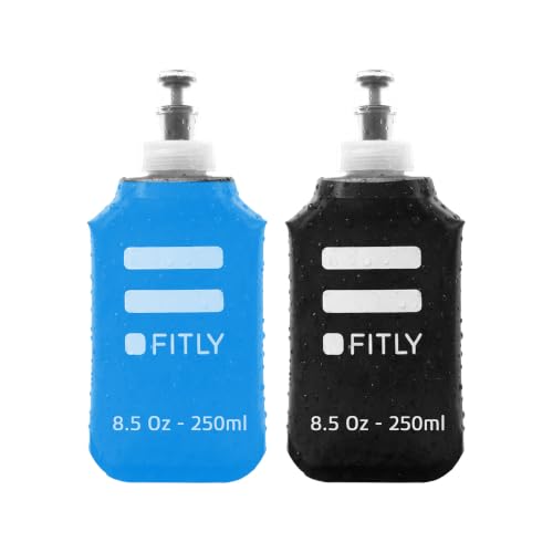 FITLY Soft Flask 8.5 oz 250ml (2 Pack), Collapsible Running Water Bottles for Hydration Pack and Running Vest, BPA Free Soft Water Bottles with Bite Valve for Hiking, Cycling & Skiing - Black & Blue