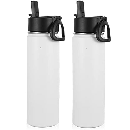 Volhoply Insulated Water Bottles with Straw Bulk 2 Pack, Not Suitable for Sublimation,22 oz Stainless Steel Sports Bottle with Handle Lid,Double Walled Vacuum Metal Water Cups(White,2 Set) - color: White