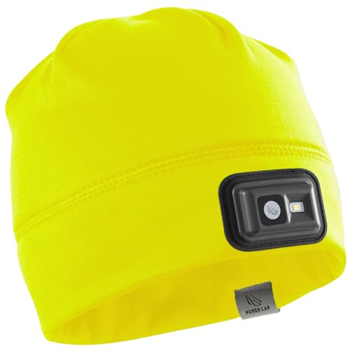 POWERCAP LED Hat Light 150 Lumens Rechargeable Fleece Beanie with Bright Built-in Headlamp Waterproof LED Warm One Size Cap - color: Fleece Hi Vis Yellow