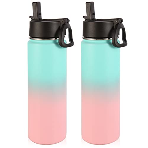 Volhoply Insulated Water Bottles with Straw Bulk 2 Pack, 22 oz Stainless Steel Sport Bottle with Handle Lid,Metal Travel Water Cups with Wide Mouth,Reusable Water Flask for School(Green Pink,2 Set) - color: Green Pink