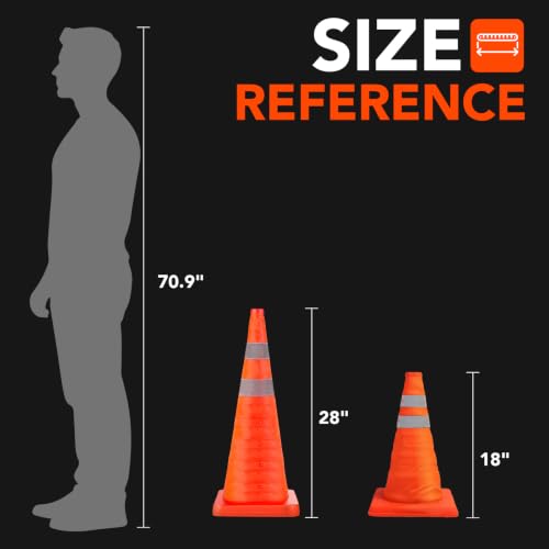 TENKAIWICK 28 Inch 6 Pack Traffic Cones, Collapsible Safety Cones, Multi Purpose Pop-up Cones with Reflective Collar, Orange Cones for Parking lot, Driveway, Driving Training etc - size: 28Inch