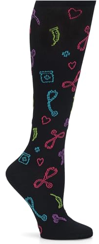 Nurse Mates Women's Wide Calf Socks | 12-14 mmHg Compression | Up to 22" Calf | One Size | 1 Pair - color: Black Medical Symbols, size: One Size