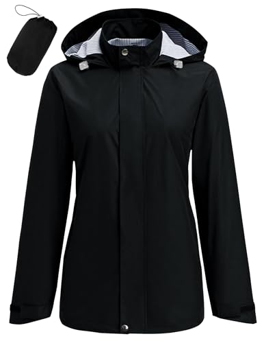 Women Waterproof Hooded Rain Jacket Lightweight Packable Trench Raincoat - color: Black, size: XX-Large
