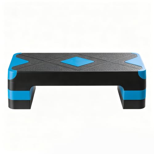 Aerobic Exercise Step Platform, 28-Inch Workout Aerobic Stepper, Height Adjustable Fitness Training Step Deck Trainer with 4 Risers, Non-Slip Surface Bench for Home Gym Cardio Strength 29" x 11.5" x 4" - color: Black-Blue