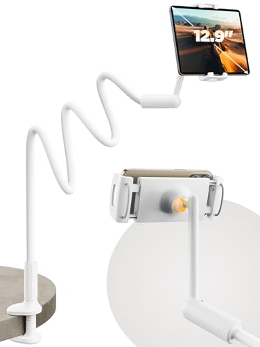 SAIJI Gooseneck Tablet Holder for Bed, One-Hand Adjustable, 47" Length, Upgraded Base, iPad Holder Stand Flexible Lazy Arm, Compatible with iPad/iPhone/Kindle/Switch or Other 4.7-13" Device (White) - color: White