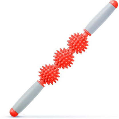 Fascia Muscle Roller, Cellulite Massager Fascia Roller for Cellulite and Sore Muscles, Neck, Leg, Back, Pressure Trigger Point Body Roller Deep Tissue Massage Stick Tools - 3 Massage Balls | Red - color: Tangerine