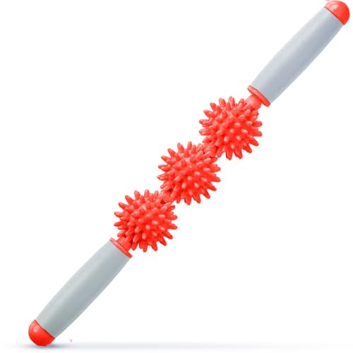 Fascia Muscle Roller, Cellulite Massager Fascia Roller for Cellulite and Sore Muscles, Neck, Leg, Back, Pressure Trigger Point Body Roller Deep Tissue Massage Stick Tools - 3 Massage Balls | Red - color: Tangerine