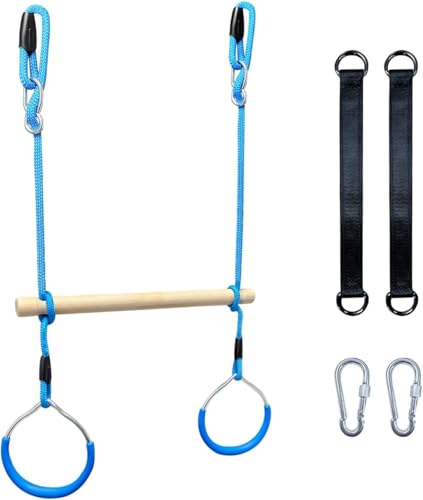Trapeze Swing Bar with Gymnastic Rings Warrior Accessories for Obstacle Course Monkey Bars for Indoor Outdoor Garden，Backyard, Playground, Playroom (Blue) - color: Blue