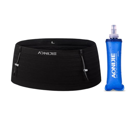 AONIJIE Running Belt with 250ml Soft Flask for Women and Men Lightweight & Non-slip Black Fanny Pack Fits All Size Phones Passport and More (Black with 250ml Soft Flask, XL) - color: Black, size: XL