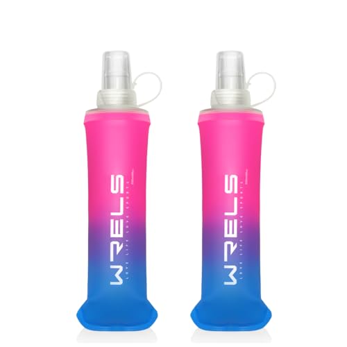 WRELS TPU Soft Flask Lightweight Portable Reusable Water Bottle,BPA Free Collapsible Flask for Hydration Pack in Running Hiking Cycling and Marathon - color: Rose Red&Dark Blue-250ml*2