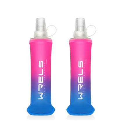 WRELS TPU Soft Flask Lightweight Portable Reusable Water Bottle,BPA Free Collapsible Flask for Hydration Pack in Running Hiking Cycling and Marathon - color: Rose Red&Dark Blue-250ml*2