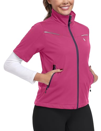 Little Donkey Andy Women's Short Sleeve Golf Jacket Lightweight Water Resistant Quick Dry Running Vest with Zipper Pockets - color: Rose, size: Small