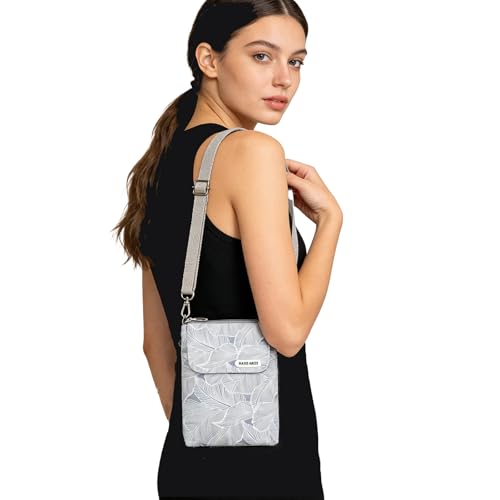 LassZone Canvas Cute Crossbody Bags for Women Mini Shoulder Handbag Cell Phone Purse Wallet Leaves Pattern Coin Pouch - color: Light Grey