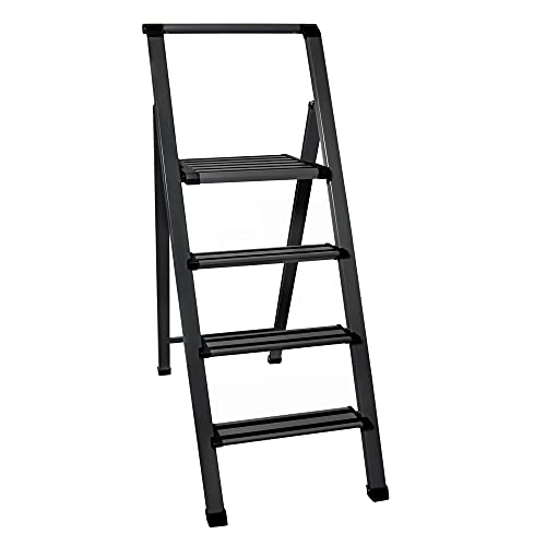Step Ladder 4 Step Folding, Decorative - Modern Beautiful Grey Aluminum, Ultra Slim Profile, Anti Slip Steps, Sturdy-Portable for Home, Office, Kitchen, Photography Use,by SORFEY - color: Grey Aluminum, size: 4-Step