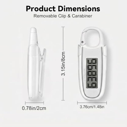 3D Pedometer for Walking, Simple Step Counter with Clip & Carabiner - color: White