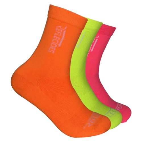 ReflecToes Fluorescent Running Socks (3 Pack) High Visibility Neon Safety Socks for Men & Women UV-Activated Day Glow - color: Multi-color, size: X-Large