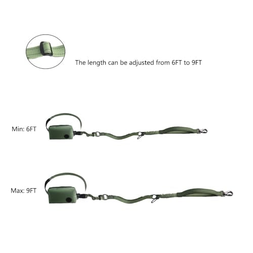 Hands Free Dog Leash for Large Medium Dogs Heavy Duty Bungee Reflective Adjustable Waist Leashes for Walking Running with Zipper Pouch 6-9FT (Green-1 with 6-9FT) - color: Green-1 with 6-9FT