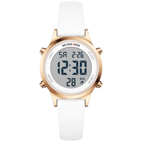 GOLDEN HOUR Waterproof Women's Digital Sports Watches with Silicone Strap, Alarm Calendar Stopwatch Chronograph 32mm Rose Gold Case - color: White/Rose Gold