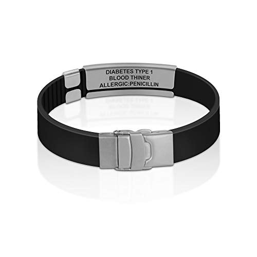 Divoti Custom Dual-Sided Engraved Silicone Medical Alert ID Wristband w/Security Clasp & Trim-to-Fit Band - Style - color: True Black / Brushed Stainless Silver / Red, size: Band Width - 13mm