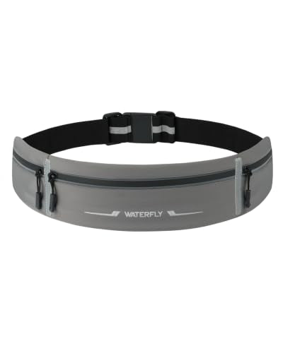 WATERFLY Running Belt Fanny Pack: Slim Lightweight 3 Pockets for Women Men - color: Grey, size: Medium
