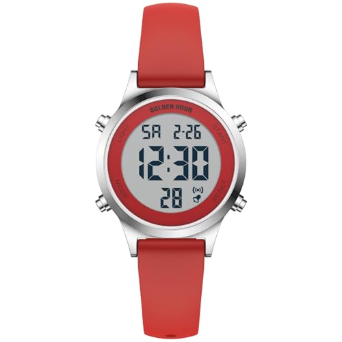 GOLDEN HOUR Waterproof Women's Digital Sports Watches with Silicone Strap, Alarm Calendar Stopwatch Chronograph 32mm Rose Gold Case - color: Red/Silver