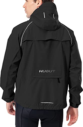 Hugut Men's Cycling Running Rain Jacket Lightweight Waterproof Biking Hiking Windbreaker Raincoat Reflective Packable - color: Black, size: Large