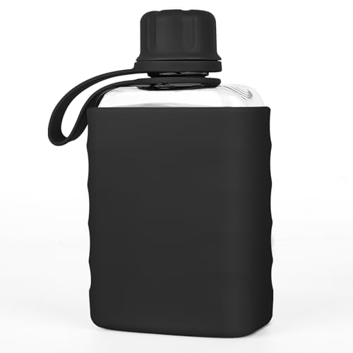 Modern Small Flask with Silicone Sleeve Mini Portable Travel Liquor Flask Clear Tritan Plastic Water Bottles, 8.2oz BPA Free Pocket Drinking Alcohol Flask for Outdoor (Black) - color: Black
