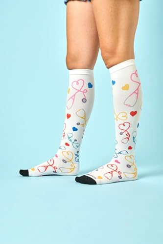 Nurse Mates Women's Wide Calf Socks | 12-14 mmHg Compression | Up to 22" Calf | One Size | 1 Pair - color: Stethoscope Hearts, size: One Size