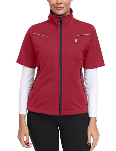 Little Donkey Andy Women's Short Sleeve Golf Jacket Lightweight Water Resistant Quick Dry Running Vest with Zipper Pockets - color: Red, size: Large