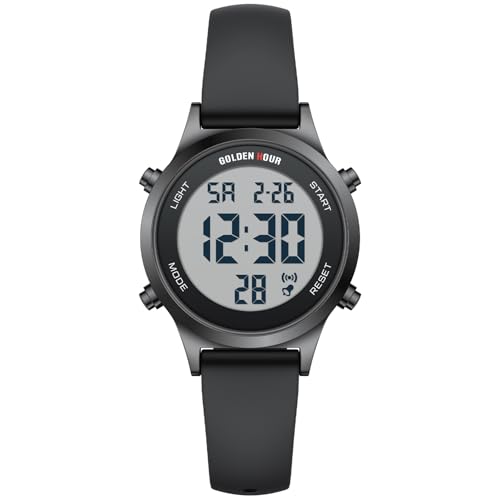 GOLDEN HOUR Waterproof Women's Digital Sports Watches with Silicone Strap, Alarm Calendar Stopwatch Chronograph 32mm Rose Gold Case - color: Black/Black